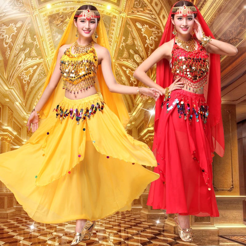 ORIDOOR Women Belly Dance Dress Set Crop Top Padded Bra Top Sparkling Belly Dance Chiffon Skirts with Coins 5-Piece Outfit 02 Yellow â€¦ - Image 4